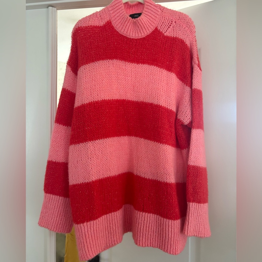 Mango Pink and Red Striped Crewneck Sweater